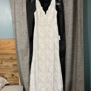 Lulu’s white, lace, nude, low back, maxi, wedding dress